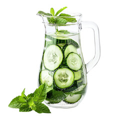  A refreshing cucumber-mint detox water served in a clear glass pitcher, isolated on white background