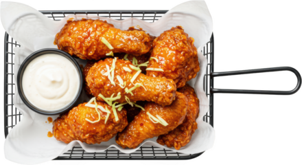 Delicious Glazed Chicken Drumsticks with Creamy Dip in Wire Basket