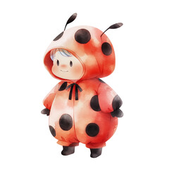 Naklejka premium Smiling child in ladybug costume, cute watercolor illustration. Kawaii character in simple standing pose. Isolated clipart with clear even edge on transparent background