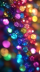 Vibrant, colorful bokeh lights, blurred, creating a festive, joyful mood