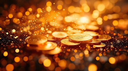 Increasing wealth, successful investments, and financial prosperity are symbolized by shimmering gold coins rising against a backdrop of warm glowing bokeh.