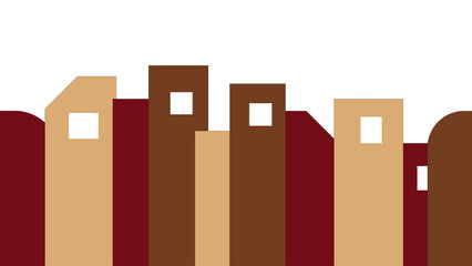 A flat vector illustration depicting a row of city buildings in a minimalist style with a color palette of brown and beige tones.