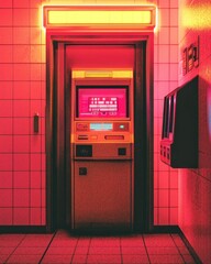 Neon-lit ATM in a retro-styled urban environment at night