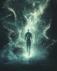 Fototapeta premium Ethereal Figure Emerges from Cosmic Energy in Dreamlike Space