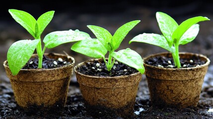 Naklejka premium Trio of small green plants in a decorative pot showcasing indoor gardening and nature's beauty