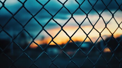 Fototapeta premium Sunset through chain link fence, blurry background
