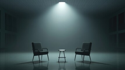 Minimalistic scene features two chairs under spotlight in misty