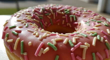 Closeup Of Pink Glazed Donut With Sprinkles