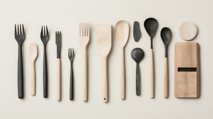 Flatlay of wooden and black-painted utensils, including forks, spoons, spatulas, and a plane