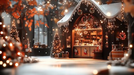 Obraz premium Snowy Christmas Market Stall Decorated with Lights