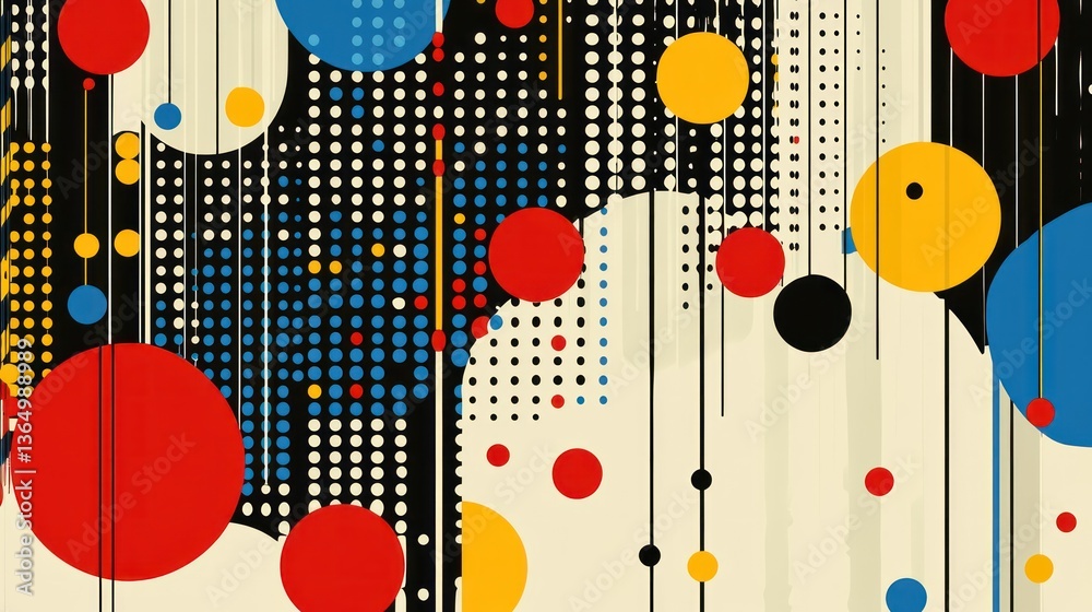 Poster dynamic composition with circles dots and lines in bold primary colors creating a vibrant and playfu