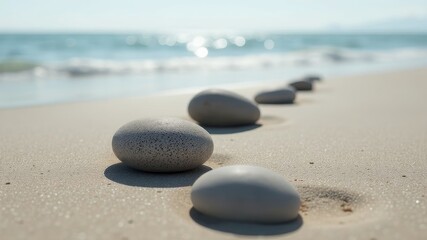 Stones stand on top of each other on a sandy sea beach