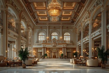 Obraz premium Elegant Lobby of a High-End Hotel Showcasing Exquisite Architecture and Sophisticated Decor During Daylight Hours
