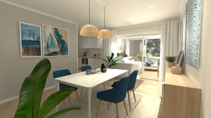 Modern apartment dining area, light and airy, interior design, living space, perfect for a family