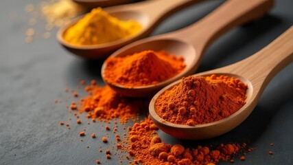 different spices in spoons on a gray table