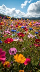 Obraz premium Vibrant wildflowers carpet a sunny field under a bright blue sky