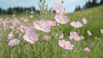 Fototapeta premium Delicate Pink Wildflowers in a Sunny Field
