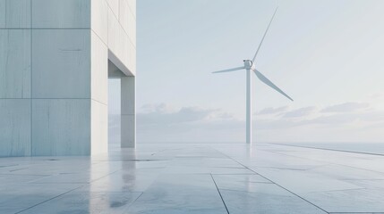 Obraz premium Modern Architecture with Wind Turbine in Serene Landscape