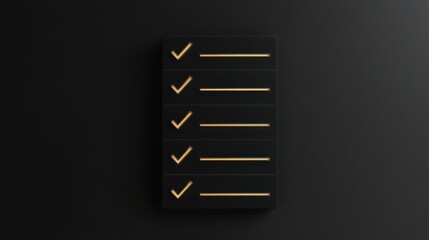 Minimalist checklist with gold ticks and dark background for organization and task management purposes