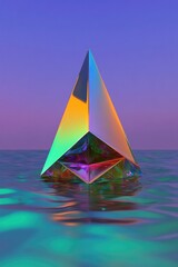 Colorful prism reflecting light above serene water, creating dre