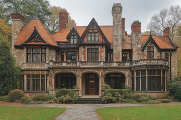 Fototapeta premium Historic Castle Featuring Grand Stone Facades and Turrets Surrounded by Autumn Foliage in a Serene Landscape