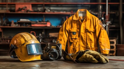 Welding safety gear including helmet, gloves, and protective suit