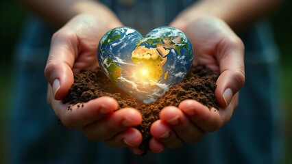 Loving hands cradle a heart-shaped Earth, glowing with hope for our planet's future, nestled in rich dark soil.