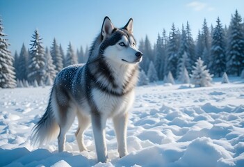 Naklejka premium Siberian Husky standing in snowy landscape with winter trees
