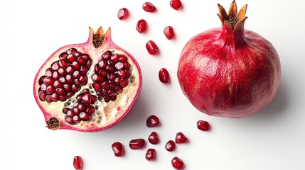 Pomegranate halves and seeds on white background (1)