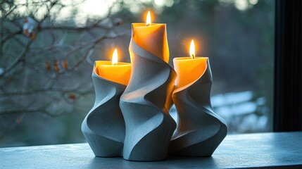 Three sculpted candles burn brightly, casting a warm glow.  Unique holders add elegance