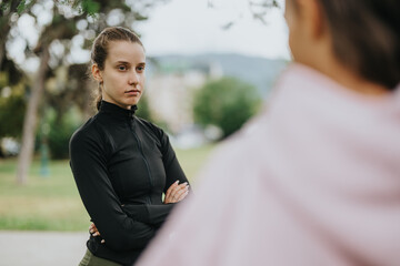 A woman wearing a black athletic jacket stands with arms folded, engaging another person outdoors...