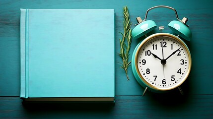 An aqua colored book lies beside a turquoise alarm clock