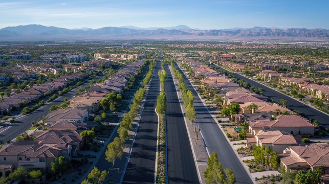 Aerial view of Summerlin neighborhood in Las Vegas, Nevada: Suburban Streets in America