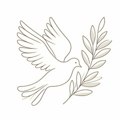 Obraz premium Graceful white dove soars through a serene blue sky, carrying an olive branch in its beak, surrounded by soft, fluffy clouds, symbolizing peace.