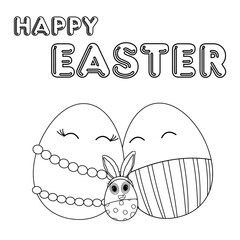 Monochrome coloring page featuring smiling decorated anthropomorphic family Easter eggs and a Easter bunny egg with - Happy Easter - text. Perfect for greeting card.
