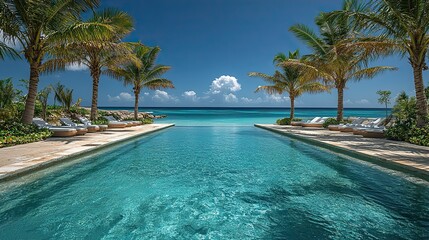 Palm trees shadow the pool's turquoise water, creating a relaxing resort atmosphere.