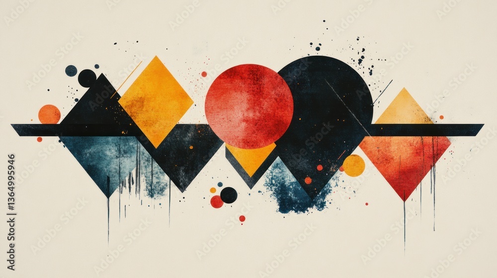 Poster geometric composition featuring triangles squares circles in earthy tones with textured elements cre