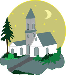 Naklejka premium church on the hill with a moonlight background