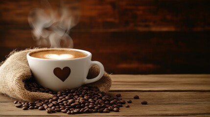 A cup of coffee with heart-shaped steam, surrounded by scattered beans on burlap, evoking warmth and love in simplicity.