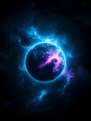 Fototapeta premium Cosmic globe surrounded by glowing nebula in a dark space background with purple and blue hues
