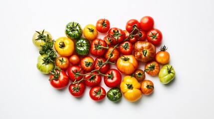 Colorful assorted tomatoes arranged on white background.  Possible use Food photography, healthy eating, market stall, recipe inspiration