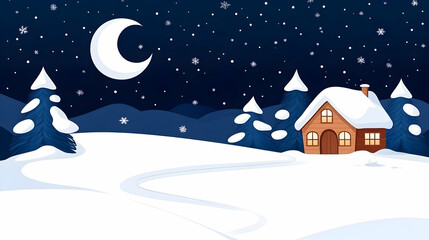 Fototapeta premium Cozy snow-covered house under a crescent moon and starry winter night