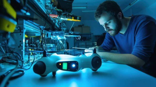 A marine engineer designing autonomous underwater drones for ocean exploration, research lab with drone prototypes, sonar sensors