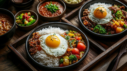Delicious Japanese Curry Rice with Sunny Side Up Egg and Assorted Vegetables Delight