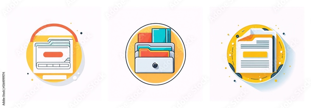 Leinwandbilder three circular icons depict digital file management: a folder, files in a drawer, and a document, al