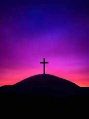 Cross on hill under twilight sky