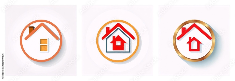 Aufkleber Three house icons in circles display varied color palettes and design complexity, from basic to intricate, set against a clean white backdrop.