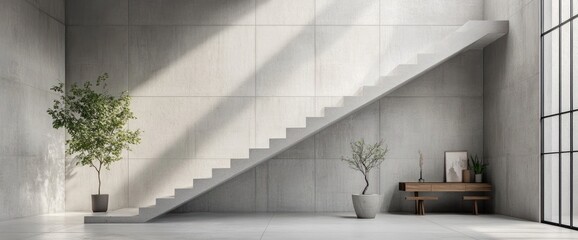 Fototapeta premium Modern minimalist interior with concrete walls, floating staircase, potted plants, and wooden console table