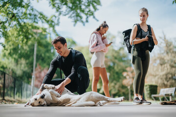 Friends exercise together in a park, interacting with a dog in a social and energetic setting...