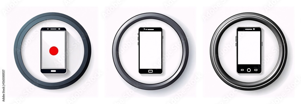 Aufkleber three circular icons display smartphones with screens. first phone with red dot, others have blank w